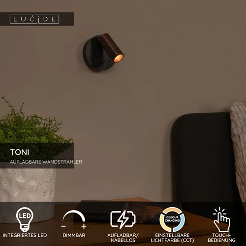 Lucide TONI - wiederaufladbare Wandstrahler / Wandleuchte - Akku/Batterie - Ø 8,1 cm - LED Dim. - CCT - 1x2W 2700K/4000K - Bewegungssensor (Abschaltbar) - Magnetisch - Grauguss - USP